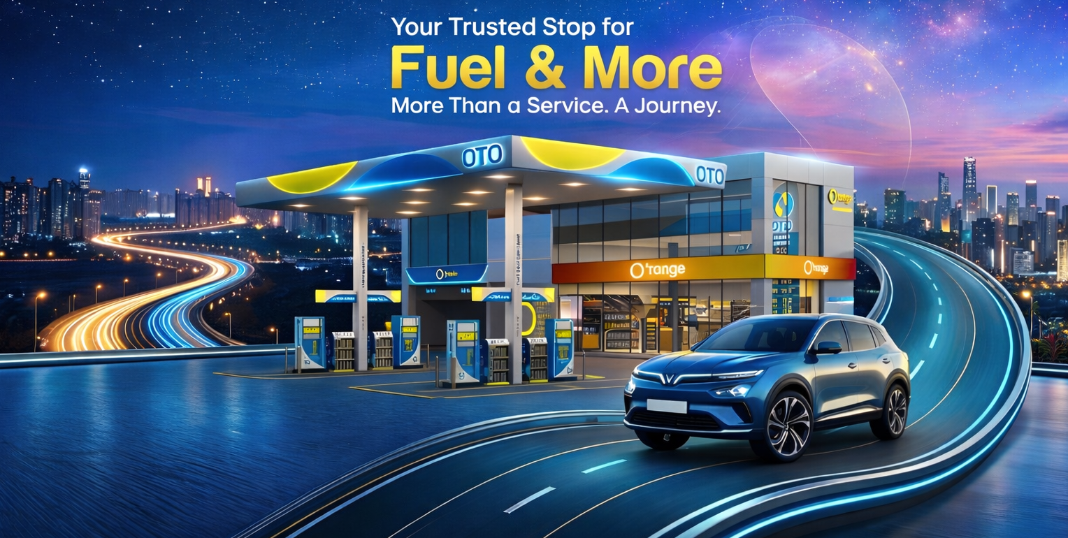 Futuristic OTO station with glowing skyline