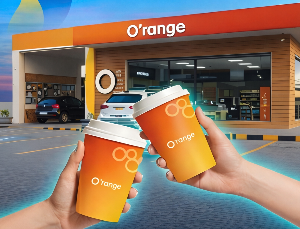 O'range store at twilight with coffee