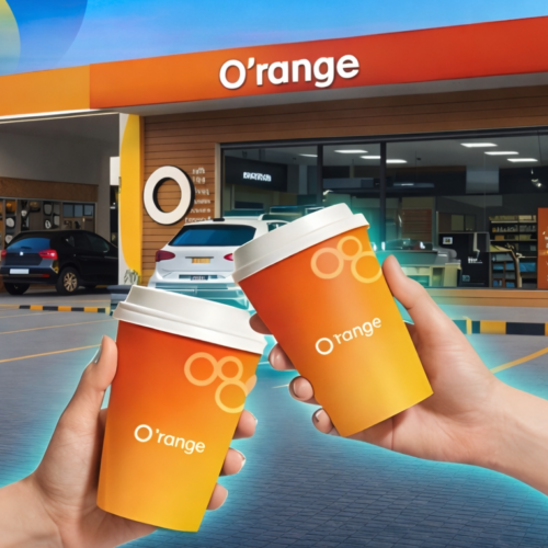 O'range store at twilight with coffee