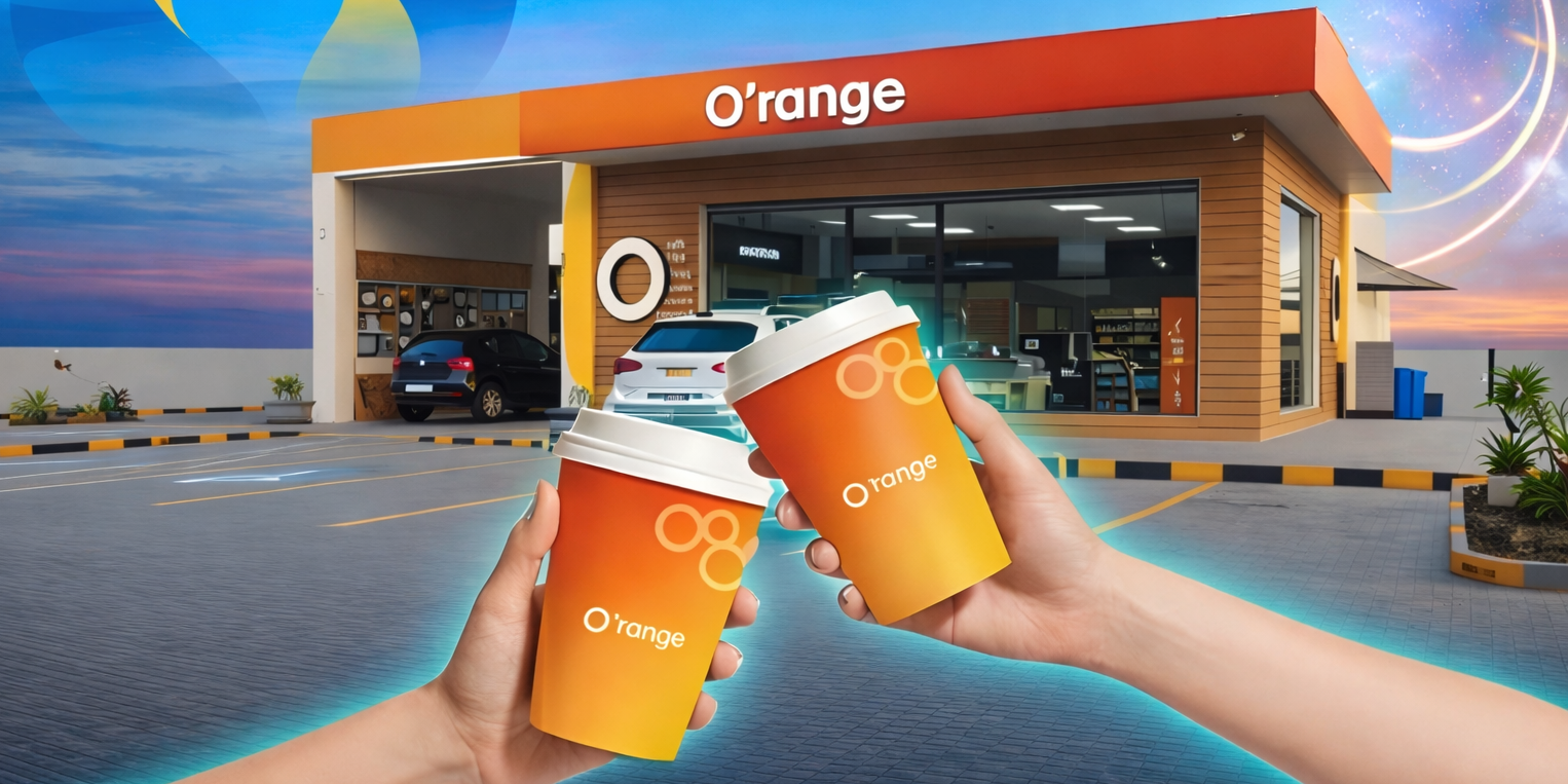 O'range store at twilight with coffee